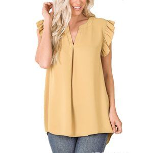 Light Mustard Ruffled Sleeve High Low Shirt